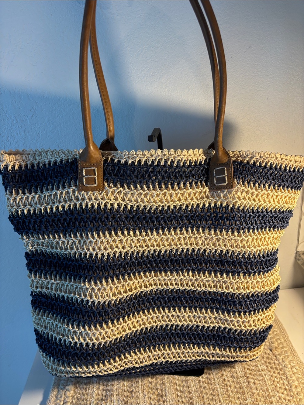 Straw Studios Cream and Navy Striped Straw Tote